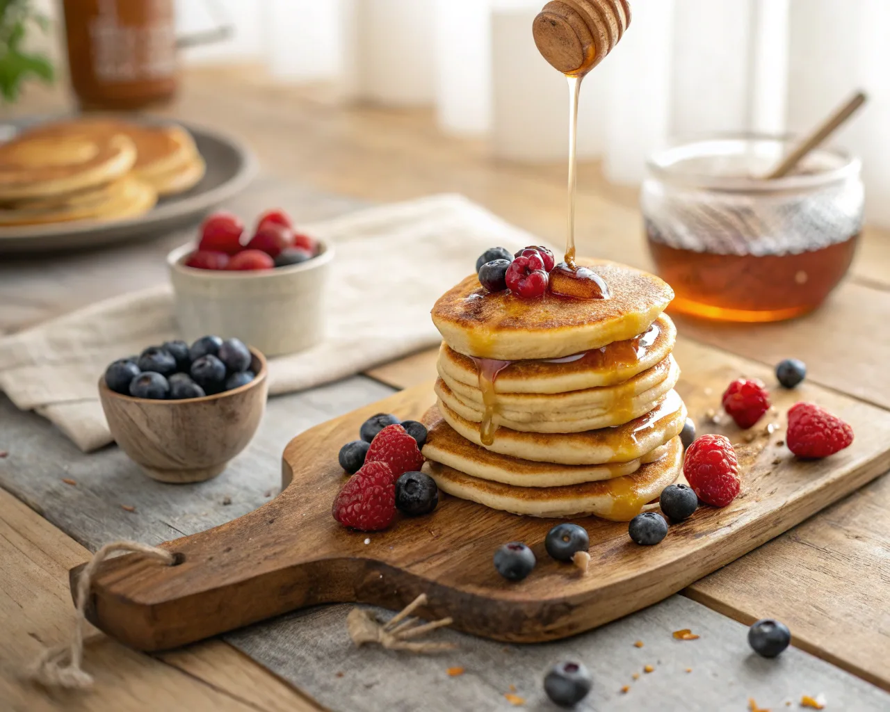 Stack of fluffy mini pancakes with maple syrup and fresh berries on a wooden table.