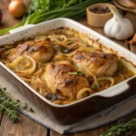 Warm french onion chicken casserole with a golden crust on a rustic table.