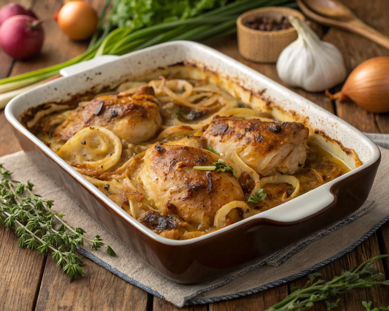 Warm french onion chicken casserole with a golden crust on a rustic table.