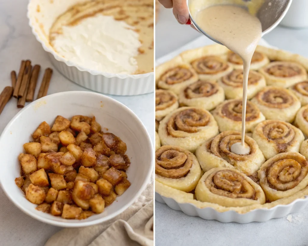 Collage showing the process of making cinnamon roll apple pie: crust preparation, apple filling, and baked pie with icing.