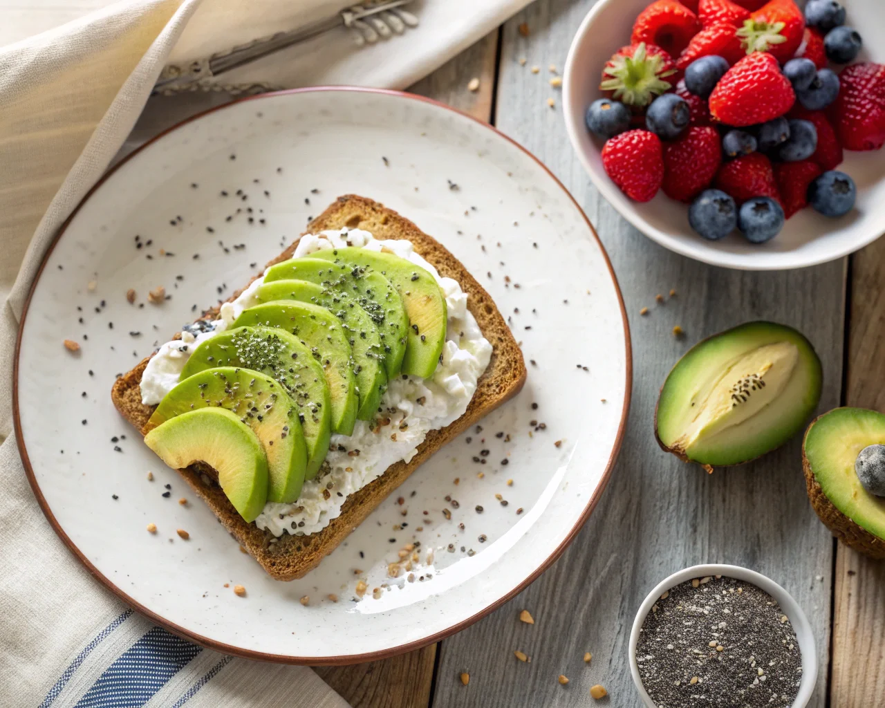 Whole-grain toast with cream cheese and avocado, served with a fresh fruit salad.