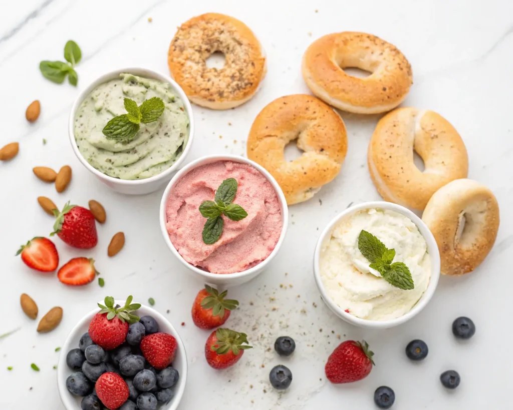 Bowls of plain, herb, fruit-flavored, vegan, and whipped cream cheese surrounded by sliced bagels.