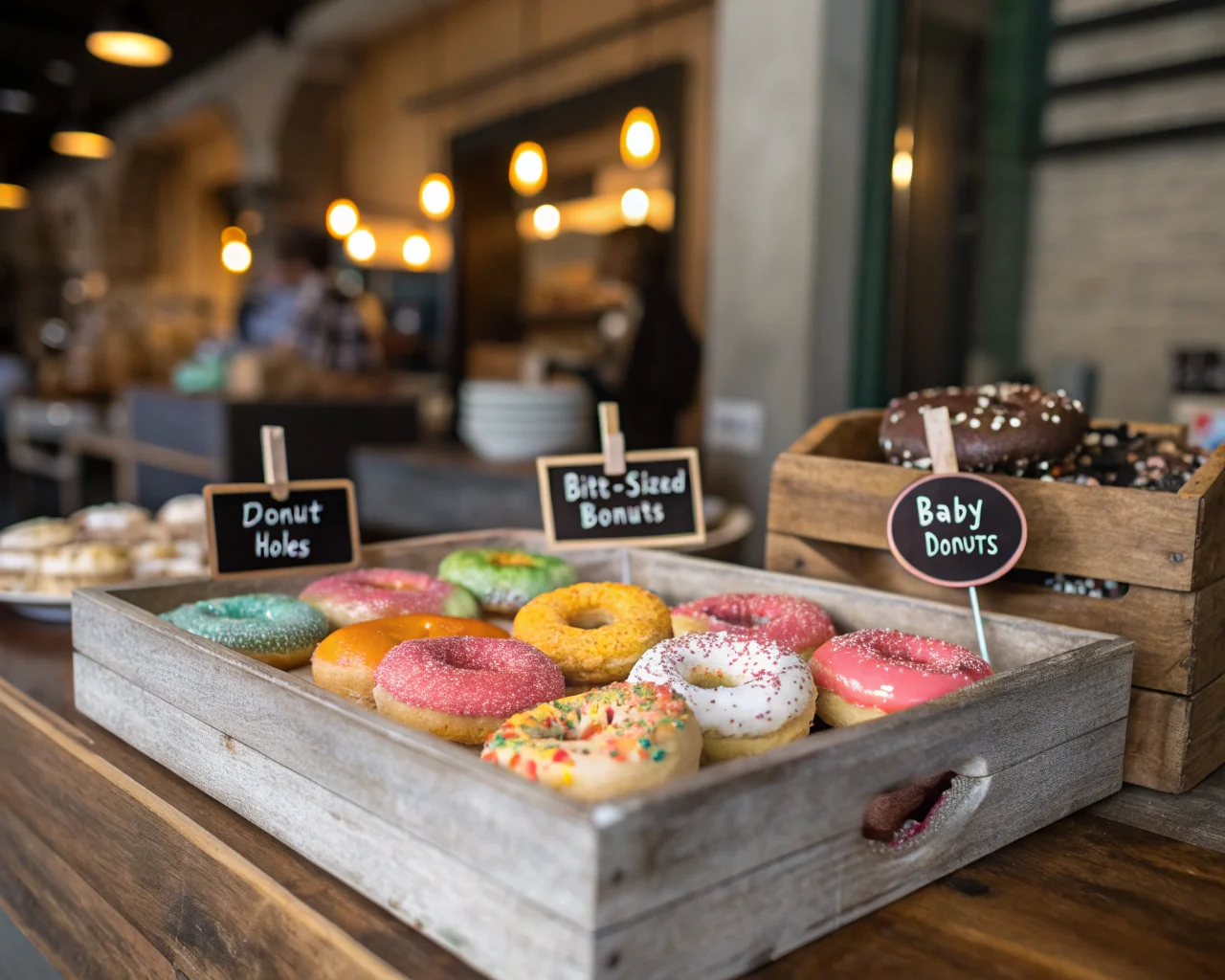 Assorted colorful mini donuts labeled as donut holes, bite-sized donuts, and baby donuts on a wooden tray in a cozy café.