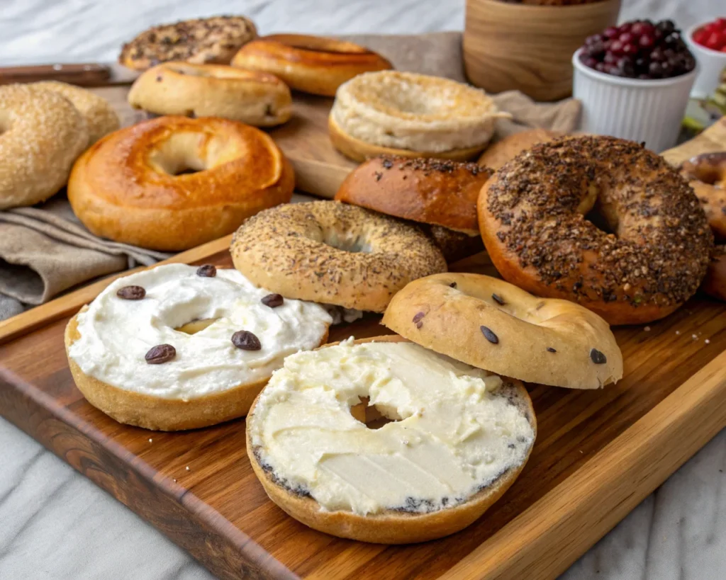 Assorted bagels including plain, everything, whole wheat, gluten-free, and cinnamon raisin with cream cheese spreads.
