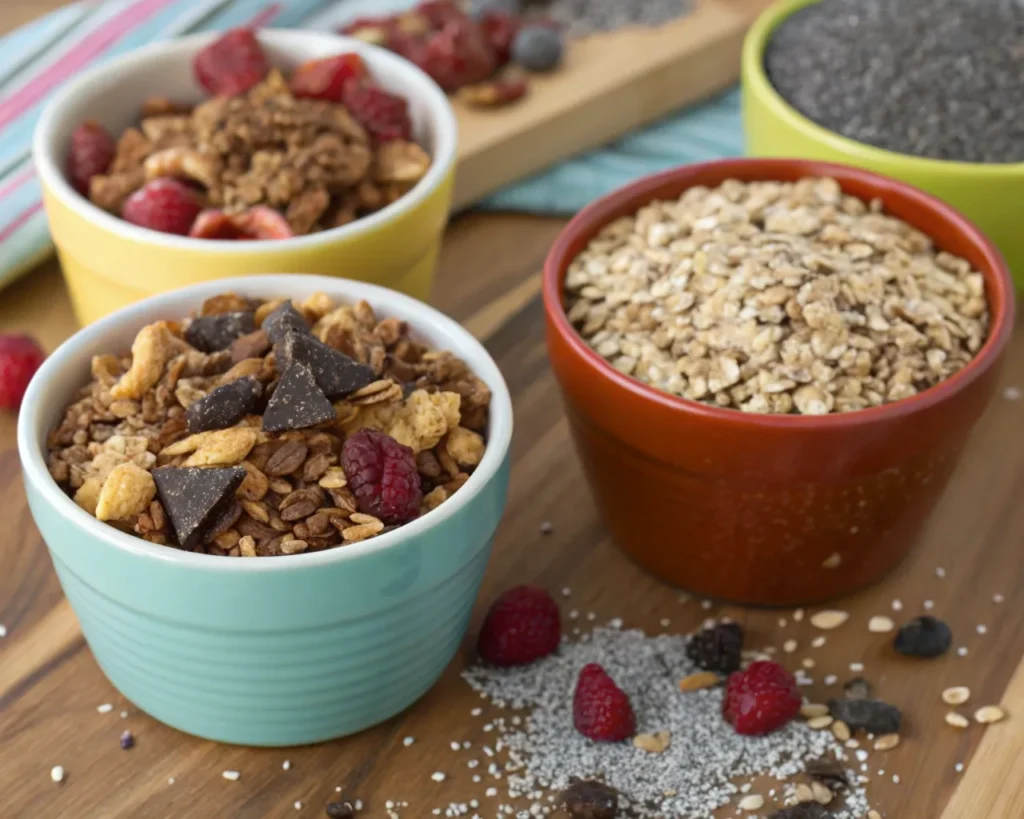 Bowls of granola variations with dried fruits, dark chocolate chunks, chia seeds, and coconut flakes on a colorful table.