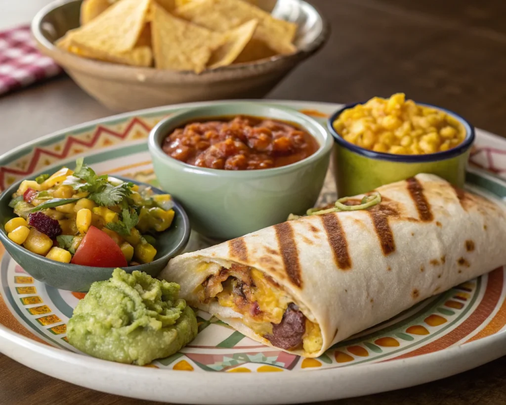 Grilled cheese burrito served with guacamole, salsa, chipotle mayo, nachos, and Mexican street corn.