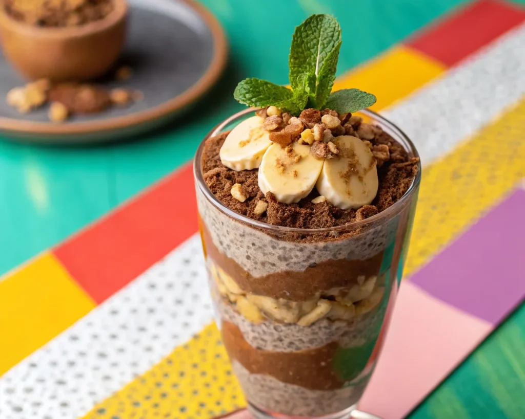 Layered chocolate chia seed pudding parfait with granola, banana slices, and almond butter in a tall glass.