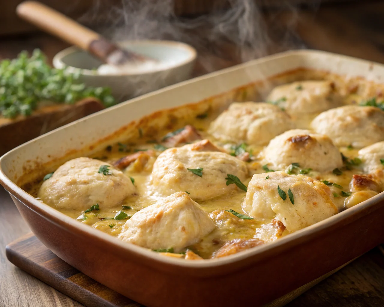 A steaming chicken and dumpling casserole in a golden-brown dish with fresh vegetables on a rustic wooden table.