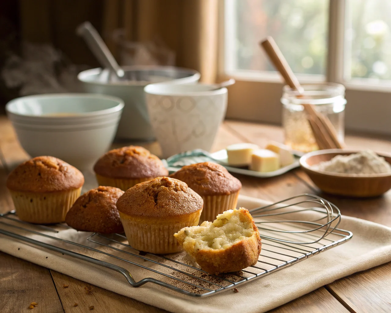 Freshly baked moist muffins cooling on a rack in a cozy kitchen with baking tools in the background.