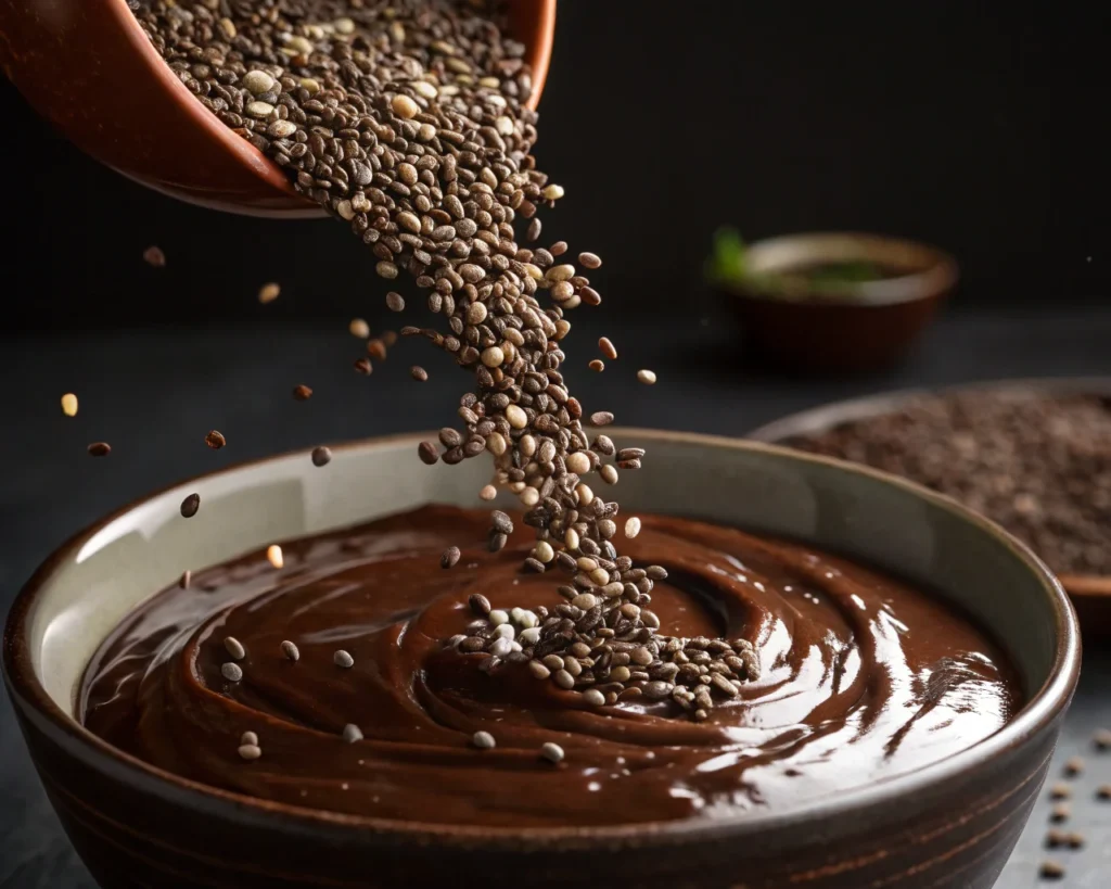Chia seeds being poured into a bowl of melted dark chocolate, blending into a smooth mixture.