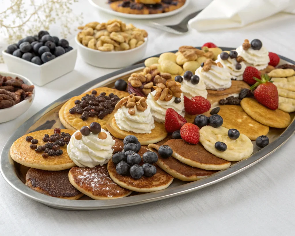 A platter of mini pancakes with chocolate chips, blueberries, nuts, whipped cream, and syrup toppings.