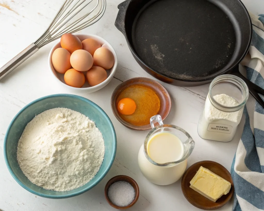 Ingredients for pancakes: flour, eggs, sugar, buttermilk, melted butter, and a hot skillet ready for cooking.