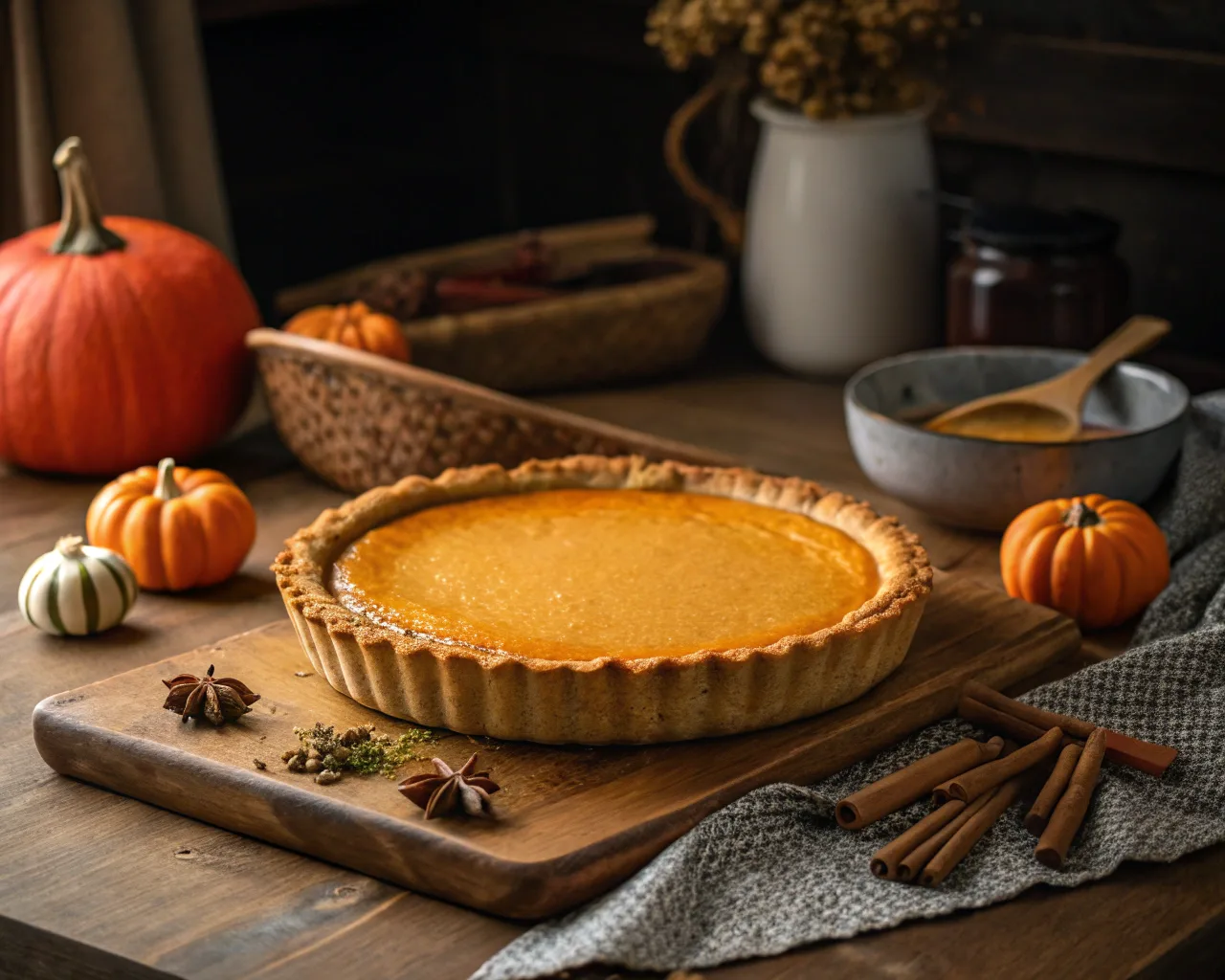 Freshly baked Milk Bar Pumpkin Pie on a wooden table with fall decorations.