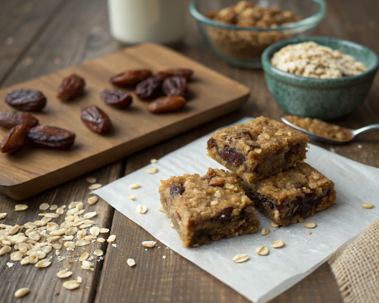 Homemade date bars on a rustic wooden table with oats and dates.