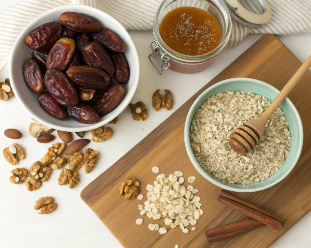 Flat lay of dates, oats, nuts, honey, and cinnamon for a date bar recipe.