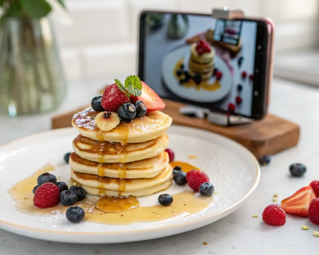 Trendy mini pancakes on a plate with colorful toppings being photographed for social media.