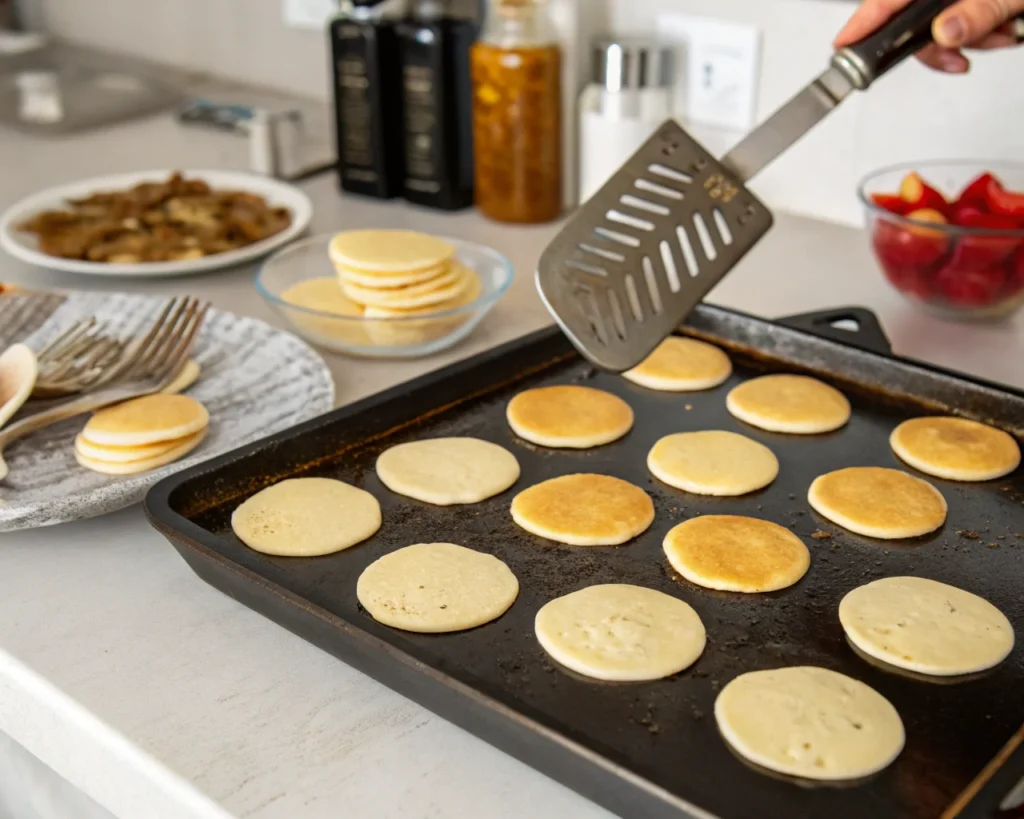 Mini pancakes cooking on a griddle, with batter being poured and pancakes flipped with a spatula.