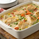 Freshly baked simple chicken and vegetable casserole with cream of chicken soup on a wooden table surrounded by ingredients."