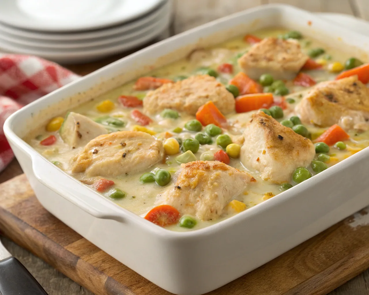 Freshly baked simple chicken and vegetable casserole with cream of chicken soup on a wooden table surrounded by ingredients."