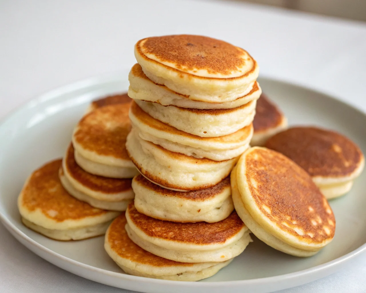 Stack of fluffy mini pancakes topped with syrup, fresh fruit, and whipped cream on a breakfast table."