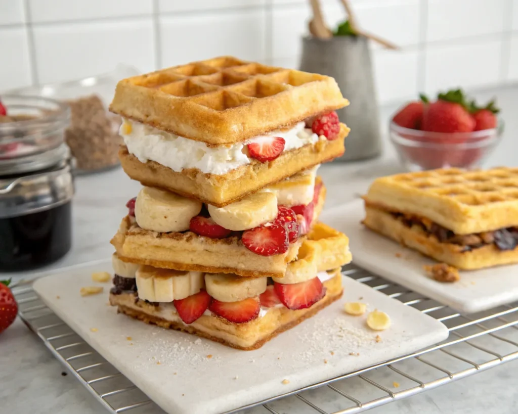 Stacked mini waffle sandwiches filled with whipped cream, banana slices, and fresh strawberries on a cooling rack.
